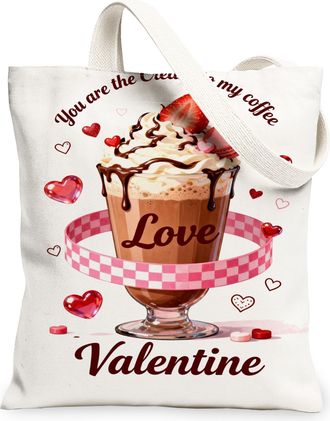 Generic ValentineS Day Hearts Canvas Tote Bags, Love Themed Coffee Design Reusable Grocery Bags, Cute Lightweight Washable Shoulde, White, 13x15 Inch