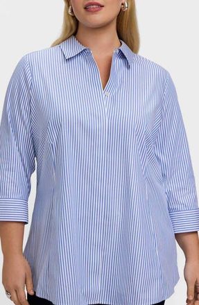 Foxcroft Cici Stripe Cotton Tunic Blouse in Powder Blue/White at Nordstrom, Size 18W