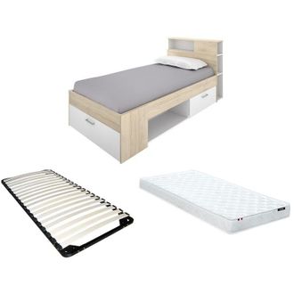 Vente-Unique Vente-unique - Letto + Materasso + Rete con testata, vani portaoggetti e cassetto 90 x 190 cm Bianco e Naturale - leandre