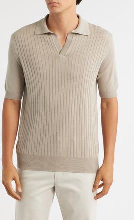 Aurélien Rib Johnny Collar Cashwool Polo Sweater in Greige at Nordstrom, Size Xx-Large
