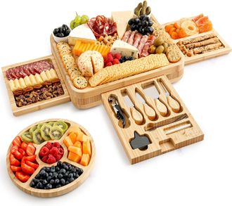 Zulay Kitchen Premium Bamboo Cheese Board Set - Extra Thick Bamboo Charcuterie Board Set with 4 Piece Knife Set