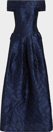Talbot Runhof Off-The-Shoulder Textured Jacquard Gown
