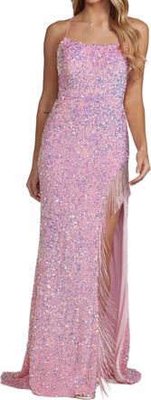 Sachin & Babi Nox Anabel Sequin Gown With Fringe Slit In Pink