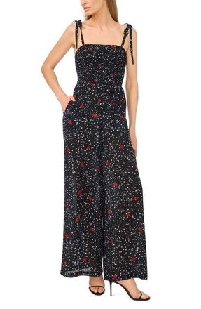 CeCe by Cynthia Steffe Print Tie Strap Wide Leg Jumpsuit in Rich Black at Nordstrom, Size X-Large