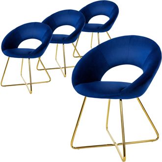 ML Design Ml-design Set 4x Silla De Comedor Azul Ergon&oacute;mica Asiento Tapizado Aspecto Terciopelo Patas De Metal Doradas Con Respaldo Redondo Y Reposabrazos Sill&oacute;