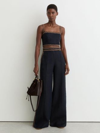 Reiss Navy & brown Linen Wave-trim Wide-leg Trousers, 14R