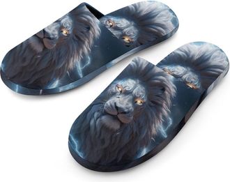 Generic Lion And Thunder Mens Slippers Flannel Warm House Shoes with Rubber Anti-Slip Sole Slip On for Home Outdoor