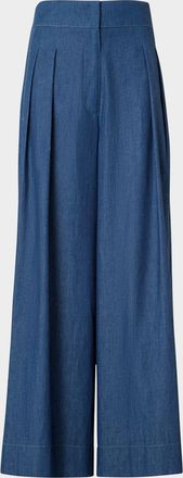 Akris Federica Pleated Wide-Leg Cotton Denim Pants