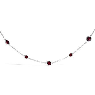 House of Brilliance 925 Sterling Silver Checkerboard Cut Red Garnet Bezel Station Necklace - 22 Inches