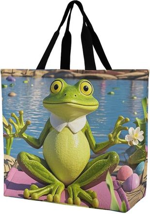 Generic Funny Yoga Frog Shopper Bag Reusable Women Handbag Lightweight Grocery Bags For College Work Casual