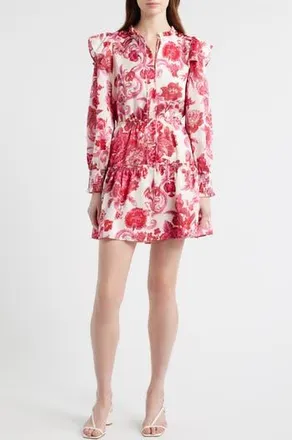 Chelsea28 Floral Long Sleeve Tiered Chiffon Minidress in Ivory- Pink Furnished Floral at Nordstrom Rack, Size X-Small