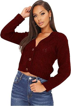 Purple Hanger New Womens Everyday Long Sleeve Button Top Ladies Chunky Aran Cable Knit Grandad Cardigan (Crop Wine, Numeric_12)
