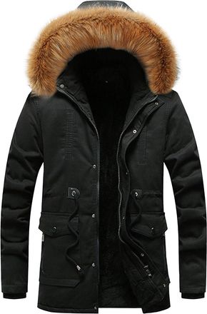 Generic Mens Winter Coat Warm Parka Jacket with Faux Fur Removable Hood Thick Fleece Lining Cotton Military Jackets with Pockets Black Medium