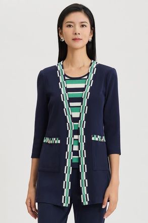 Ming Wang Heritage Checkered Trim Soft Knit Jacket in Indigo/kelly Green/ivory at Nordstrom, Size X-Small