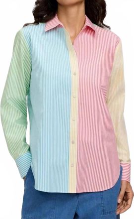 Foxcroft Womens Meghan No Iron Pinpoint Mixed Stripes Long Sleeve Shirt In Blue