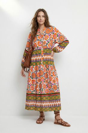 Trendyol Modest Dames Oranje Etnisch patroon Maxi Lang Casual A-lijn Modest Jurken