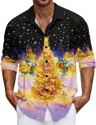Generic Funny Christmas Shirts for Men, Humorous Long Sleeve Xmas Party Shirt with Santa, Snowman, Reindeer and Wine Glass Prints, Trendy Christmas Shirts for