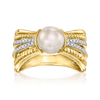 Ross-Simons 7.5-8mm Cultured Pearl Multi-Row Ring With. Diamonds in 18kt Gold Over Sterling