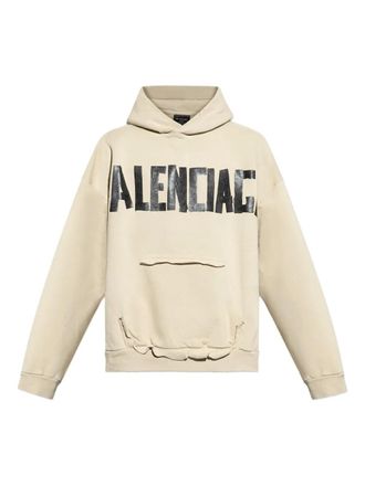 Balenciaga logo-print frayed-hem hoodie - unisex - Cotton - M - Neutrals