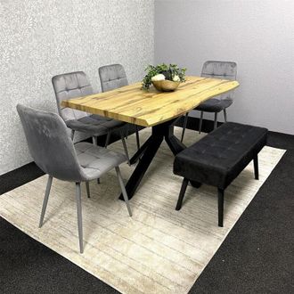 Kosy Koala Modern Dining Table Set with 2 Grey Velvet Chairs and Black Padded Bench, Dining Room Furniture