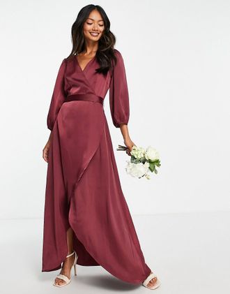 Vero Moda Bridesmaid satin wrap midi dress in burgundy-Red
