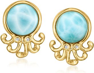 Ross-Simons Larimar Octopus Earrings With Diamonds in 18kt Gold Over Sterling