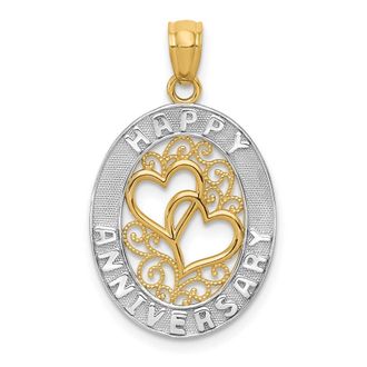 Diamond2Deal 14k Yellow Gold White Rhodium HAPPY ANNIVERSARY Hearts Pendant