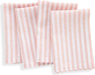 Solino Home Linen Dinner Napkins Set of 4, 20 x 20 Inch for Dining Table, Holiday and Everyday Table Decor - Amalfi Stripe in Coral And White at