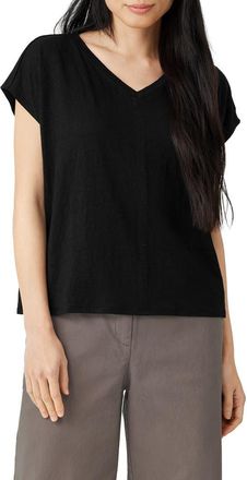 Eileen Fisher V-Neck Organic Linen T-Shirt in Black at Nordstrom, Size Xx-Small