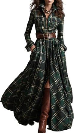 Generic Plaid Maxi Dress for Women, Womens Long Sleeved Dress with Pockets Casual Fashion Retro Style, Plaid Button Down Dress. (Green,XXL)