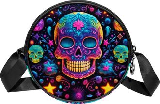 Generic Circle Crossbody Bag for Women, Neon Skull Small Sling Bag Daypack with Zipper Adjustable Shoulder Straps Casual Ladies Girls Round Purse