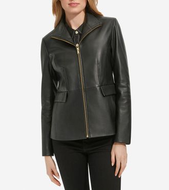 Cole Haan Womens Wing Collar Zip Up Leather Jacket - Black Size Medium