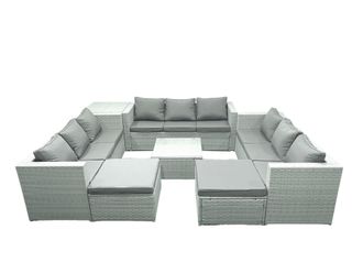Fimous Rattan Garden Outdoor Furniture Set 11 Seater Rattan Garden Sofa Set with 2 Big Footstools Side Table Light Grey Mixed