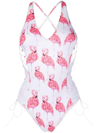 Noire Swimwear Costume intero Flamingo con stampa - Bianco