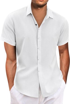 Generic Mens Short Sleeve Shirt Stretch Stain Shield Plain Shirts Regular Fit Business Blouse Casual Smart Button Down T-Shirt,White,L