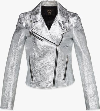 MCM Rider Jacket in Metallic Lambskin in Silver at Nordstrom, Size Medium