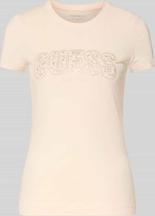 Guess Slim Fit T-Shirt mit Strasssteinbesatz in Koralle, Gr&ouml;&szlig;e XL