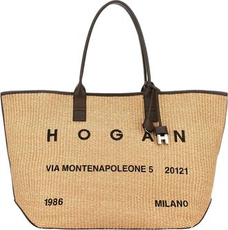 Hogan Beige Address Shopping Media Raffia Shopping Bag