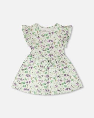 Deux par Deux Jersey Flutter Sleeves Printed Flowers Dress in Green Floral Print at Nordstrom, Size 24M