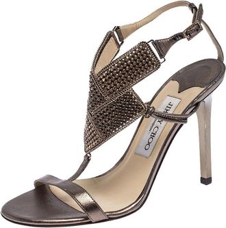 Jimmy Choo London Metallic Bronze Leather Crystal Embellished Ankle Strap Sandals