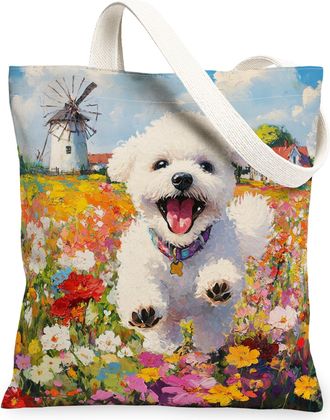 Generic Spring Bichon Frise Dog Canvas Tote Bag for Shopping 13x15, Country Garden Puppy Reusable Grocery Print Pattern Bag for Women, Fun Flower Pet Beach Ae
