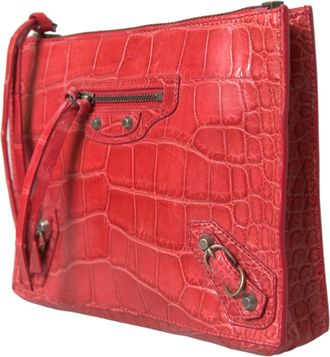 Balenciaga Womens Red Exotic Skin Leather Classic Pouch Purse Wristlet Bag Alligatorskin