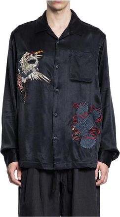 maharishi Overhemden, Heren, Zwart, M, Rayon, Zwarte Camp Kraag Shirt met Borduursels