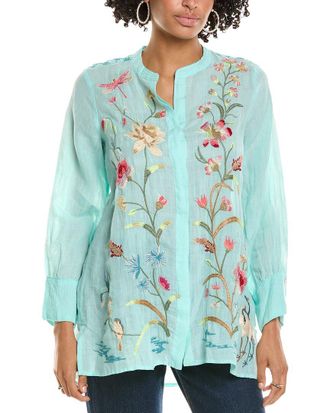 Johnny Was blue store embroidered tunic blouse shirt, size Small