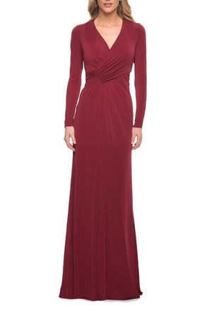 La Femme Long Sleeve Jersey Dress with Criss-Criss Front Ruching in Wine at Nordstrom, Size 18
