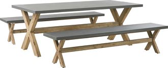 Beliani Conjunto De Comedor Para Jard&iacute;n De Cemento Reforzado Gris Con Patas De Madera De Acacia Para 8 Personas Mesa Con 2 Bancos Olbia