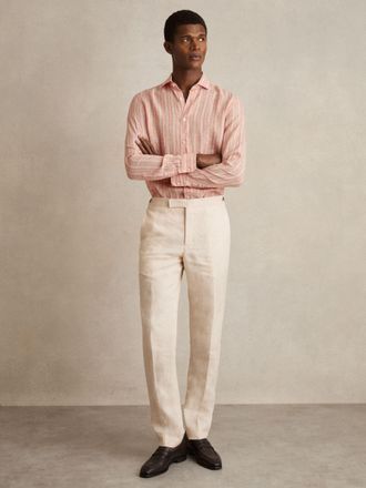 Reiss Pink Rose & white Bengal Stripe Linen Striped Long Sleeve Shirt, M