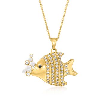 Ross-Simons White Topaz Fish Pendant Necklace With 2-4mm Cultured Pearls and Single Black Spinel in 18kt Gold Over Sterling