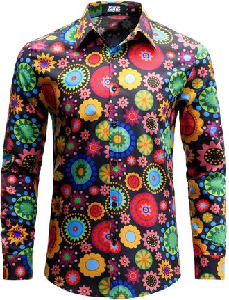 JOGAL Mens Regular fit Floral Dress Shirt Long Sleeve Printed Casual Button Down Shirts Black Multicolor XX-Large