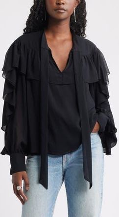 Treasure & Bond Tie Neck Ruffle Chiffon Top in Black at Nordstrom Rack, Size X-Large